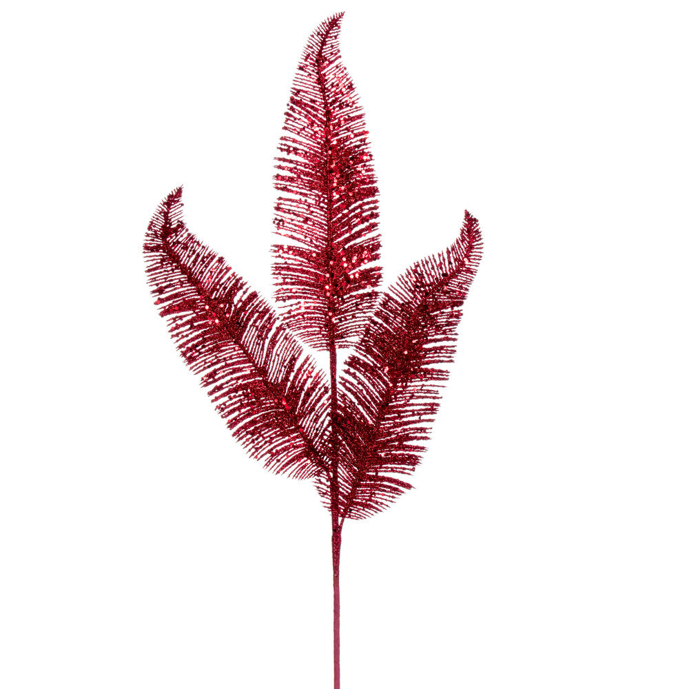 Vickerman 24.5" Burgundy Feather Fern Glitter Spray 6 per bag.