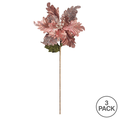 Vickerman 20" Rose Gold Glitter Poinsettia Artificial Christmas Stem Pack of 3