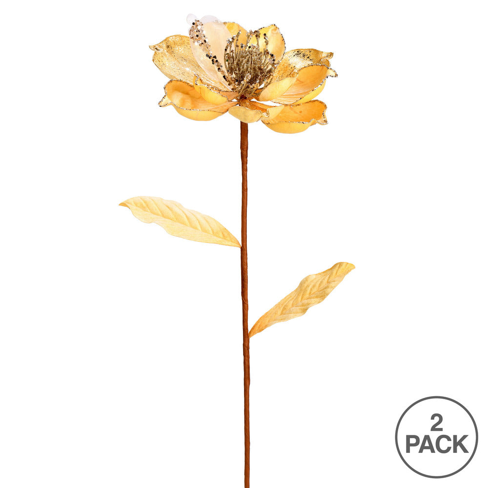 Vickerman 30" Champagne Glitter Magnolia Artificial Christmas Spray. Includes 2 sprays per pack.