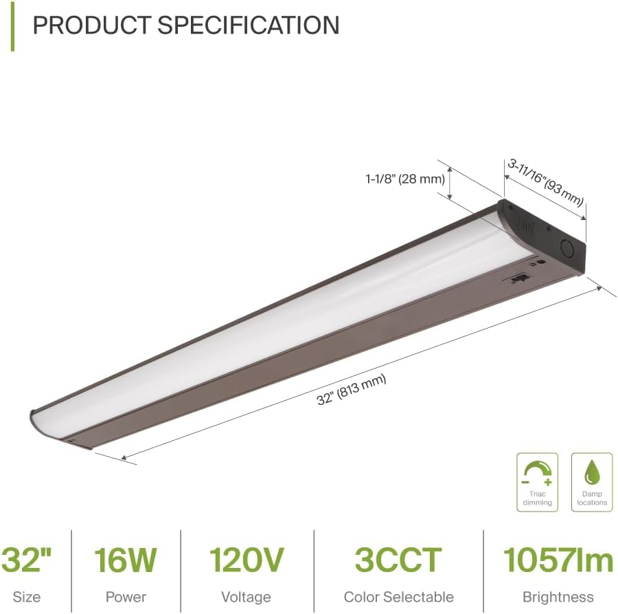 ASD Lighting LED Under Cabinet Bullnose 32" 16W 120V Dimmable CCT Selectable 3000/4000/5000K Hardwired, On/Off Switch, Oil Rubbed Bronze ETL Energy Star