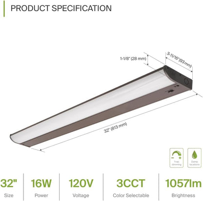 ASD Lighting LED Under Cabinet Bullnose 32" 16W 120V Dimmable CCT Selectable 3000/4000/5000K Hardwired, On/Off Switch, Oil Rubbed Bronze ETL Energy Star
