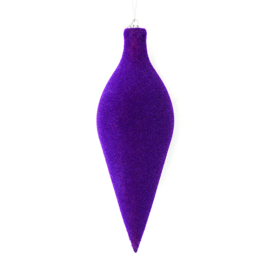 Vickerman 12" Purple Flocked Oval Finial Ornament. This ornament has a soft layer of colored flock that will add texture to any holiday decorating project. Includes 3 pieces per bag.