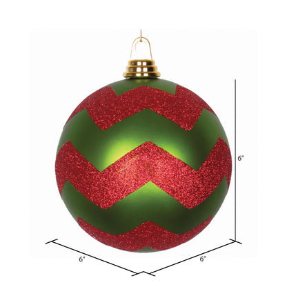 Vickerman 6" Lime and Red Matte Chevron Ball Christmas Ornament with Glitter Accents