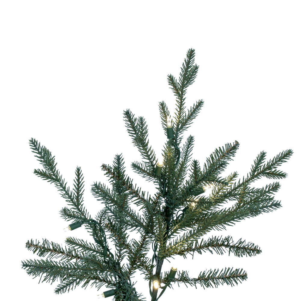 Vickerman 4.5' x 38" Slim Itasca Fraser Fir Artificial Pre-Lit Christmas Tree with 250 Pure White LED Mini Lights, 678 Realistic PE/PVC Tips, 6' Step On/Off Power Cord and Folding Metal Tree Stand. Assembly is required.