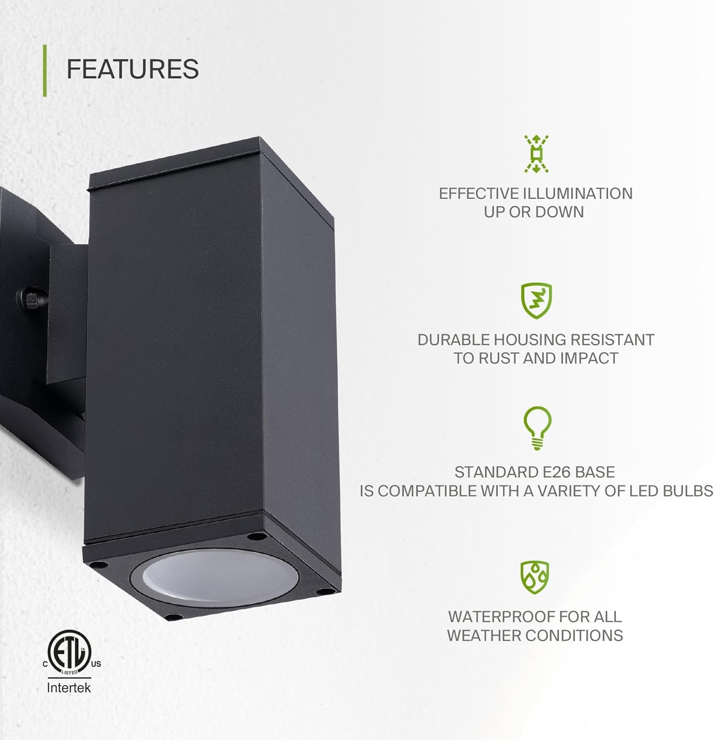 ASD Lighting BULB Square Outdoor Wall Cylinder with Photocell, Up or Downlight Fixture, 120V, 60W Max, 7.88", 50°, Black Finish