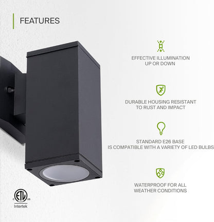 ASD Lighting BULB Square Outdoor Wall Cylinder with Photocell, Up or Downlight Fixture, 120V, 60W Max, 7.88", 50°, Black Finish