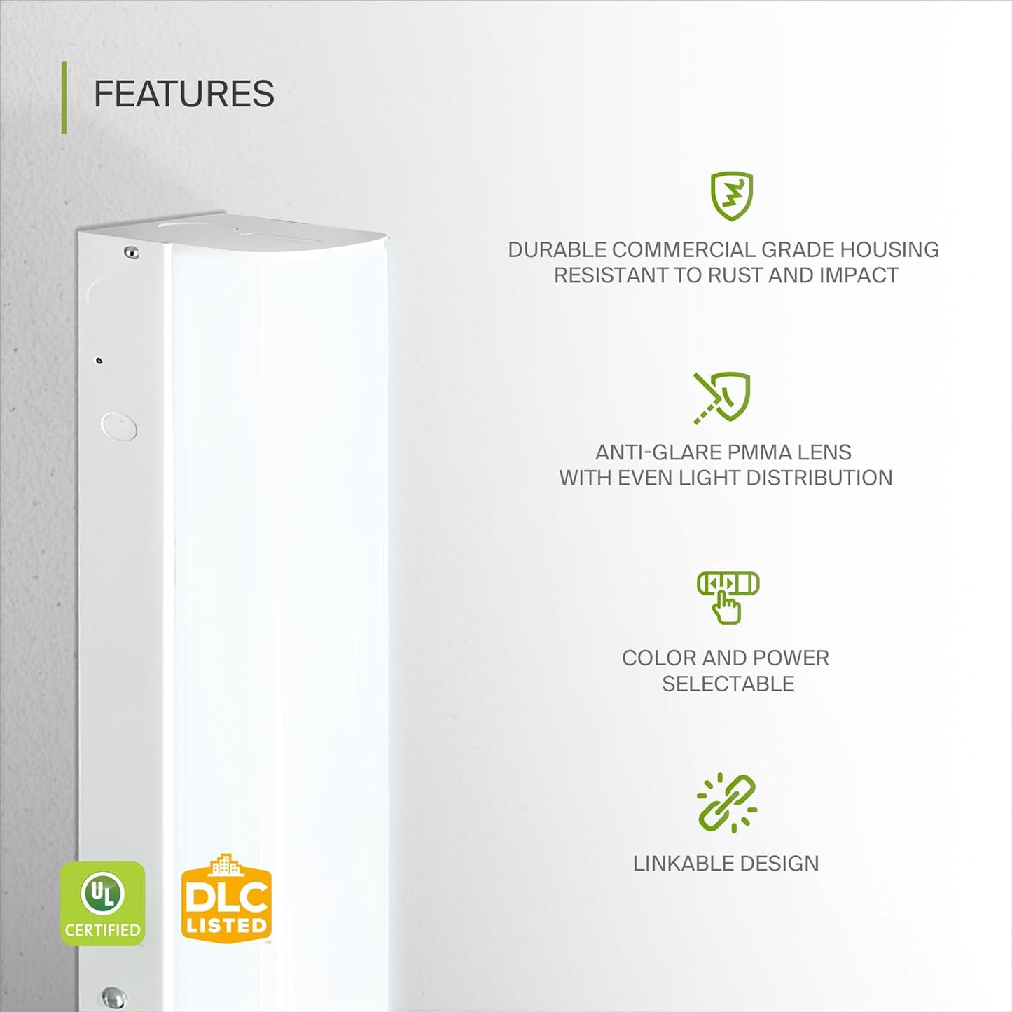ASD Lighting LED Stairwell Fixture 2ft 20/24/28W 120-277V 0-10V Dimmable 140Lm/W 3500/4000/5000K with Motion Sensor White UL DLC Standard
