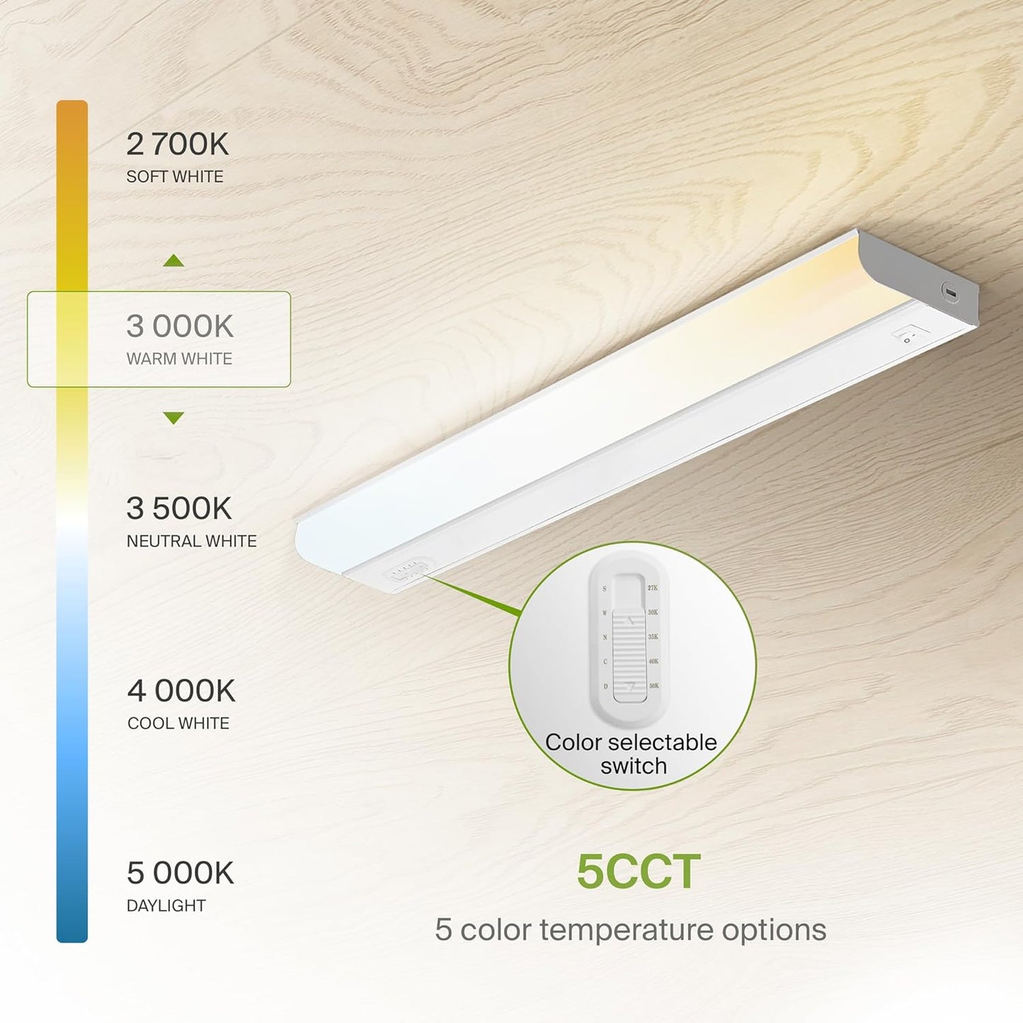 ASD Lighting LED Under Cabinet Bullnose 24" 12W 120V Dimmable CCT Selectable 2700/3000/3500/4000/5000K Hardwired, On/Off Switch, White UL 2pack