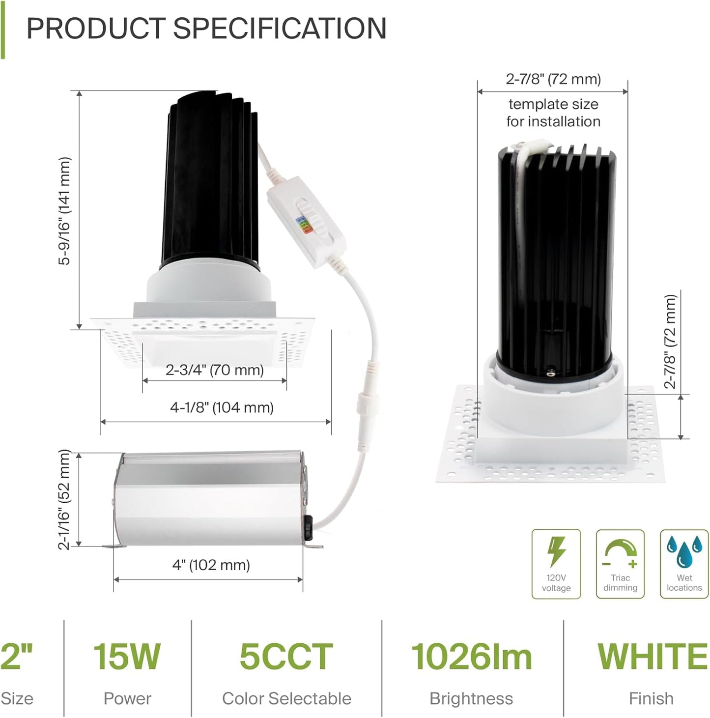 ASD Lighting LED Trimless Downlight Square 2inch 15W 120V Triac 2700/3000/3500/4000/5000K White ETL Energy Star