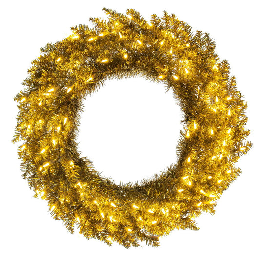Vickerman 24" Gold Tinsel Artificial Pre-Lit Wreath with 50 Warm White LED Mini Lights