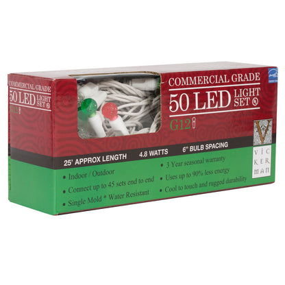 Vickerman 50 Red-White-Green G12 LED Light on White Wire 25' Christmas Single Mold Light Strand