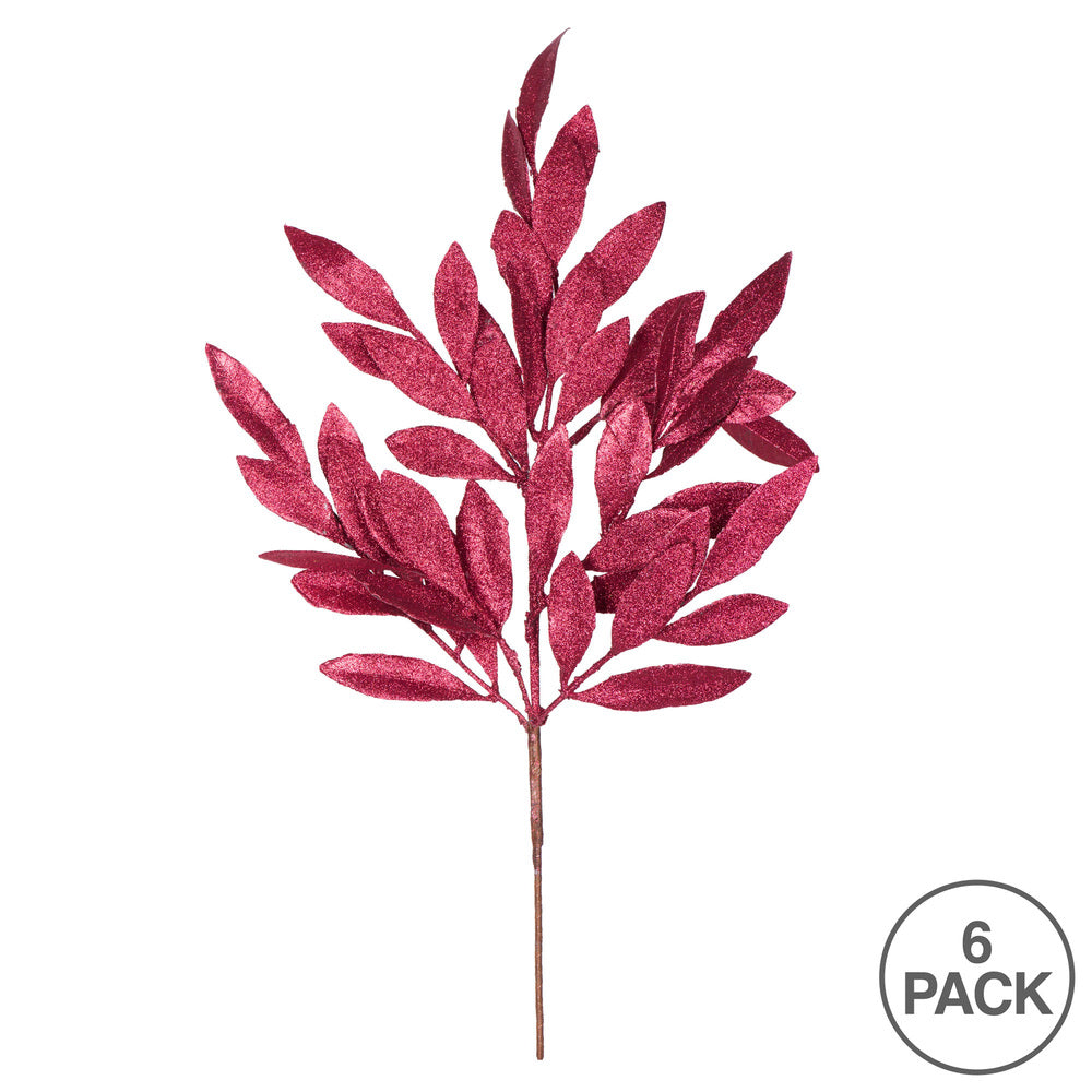 Vickerman 22" Burgundy Glitter Bay Leaf Artificial Christmas Spray. Includes 6 sprays per pack.