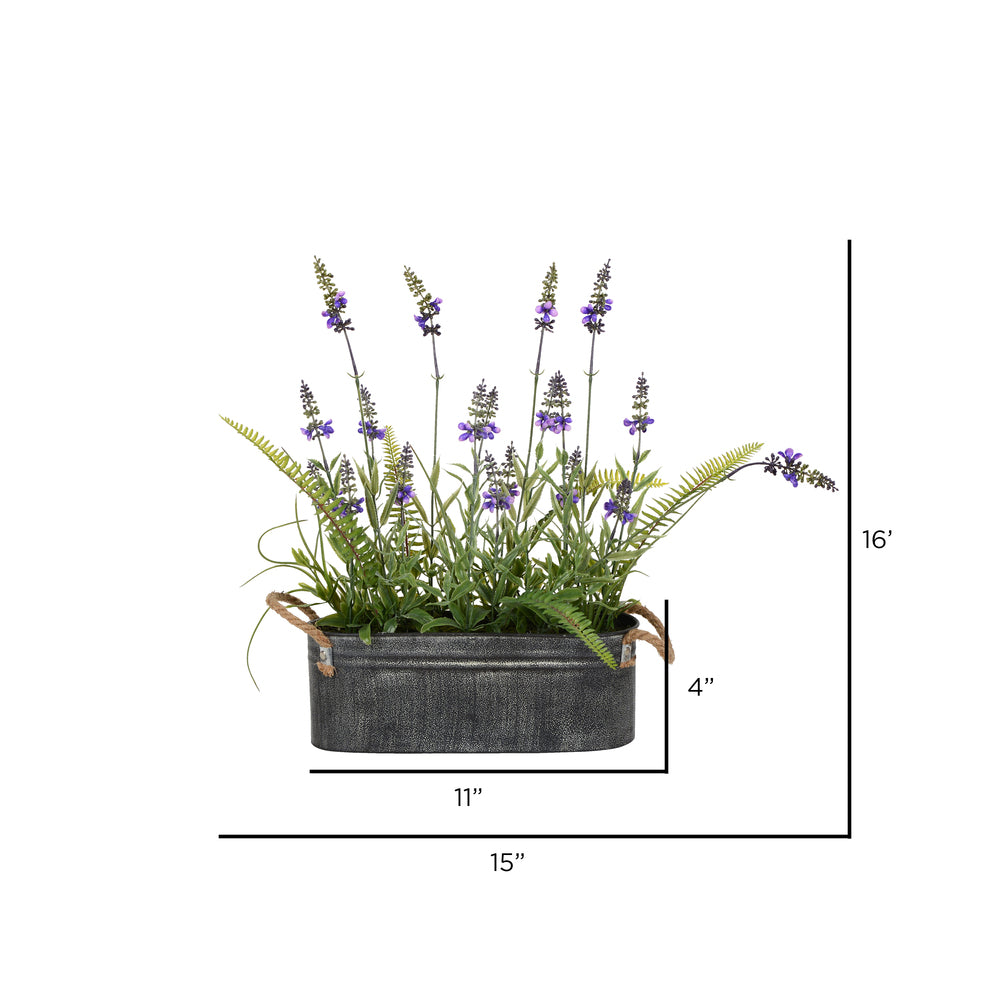 Vickerman 16" Artificial Lavender Flower Fern in Iron Pot.