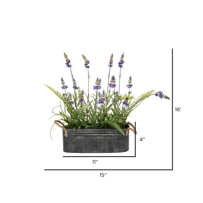 Vickerman 16" Artificial Lavender Flower Fern in Iron Pot.