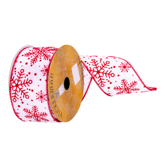Vickerman 2.5" x 10 Yards White and Red Snowflake Ribbon