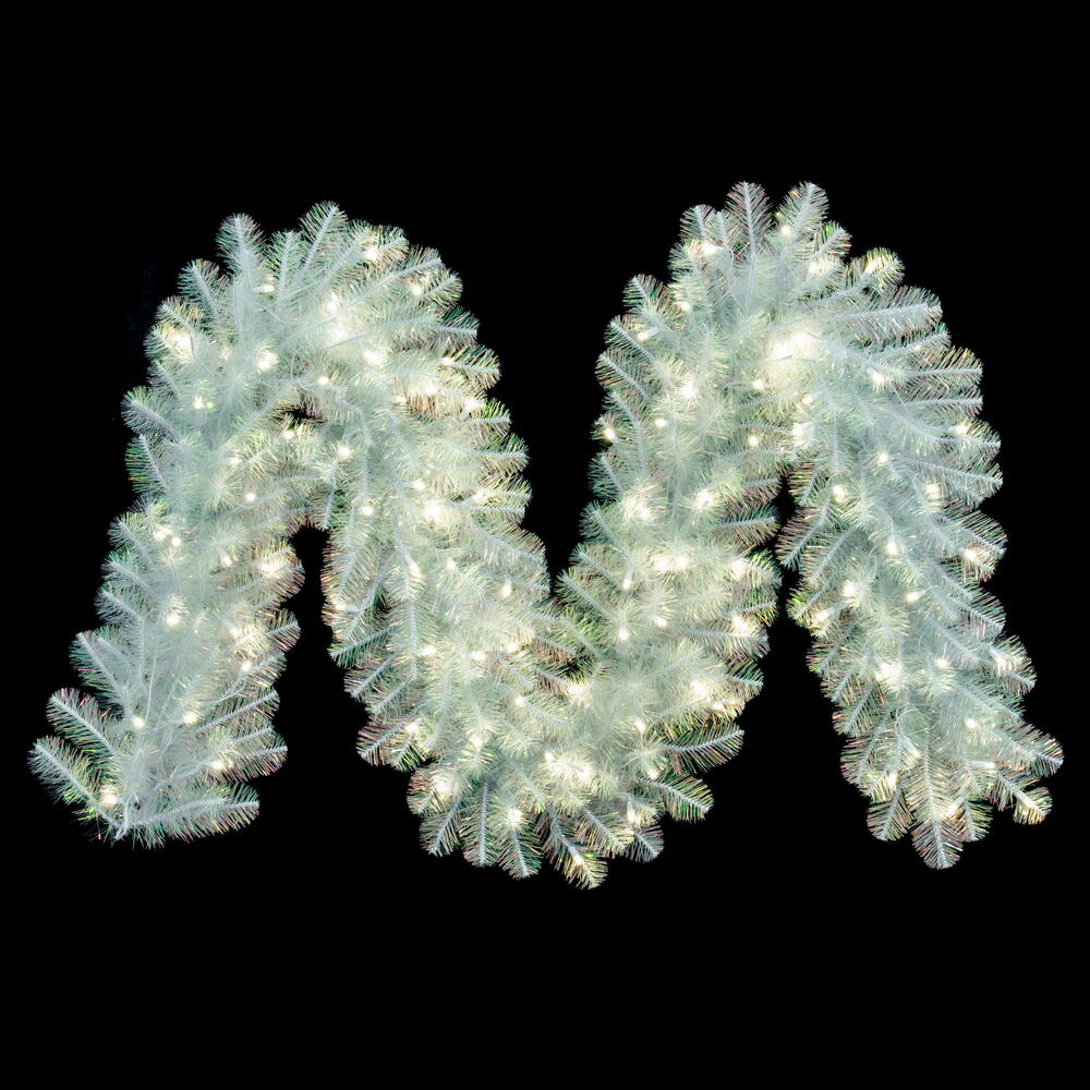 Vickerman 9' x 14" White Iridescent Artificial Pre-Lit Garland with 100 Pure White LED 5MM Lights. It measures 108 inches long and 14 inches wide. This garland boasts 280 PVC tips for a realistic look. Pre-lit with 100 Pure White 5MM, or Wide Angle, Singl