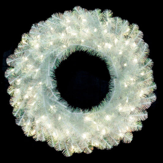 Vickerman 36" White Iridescent Artificial Pre-Lit Wreath with 100 Pure White LED 5MM Lights. It measures 36 inches wide. The diameter is measured from the end of one tip across to the other with the wreath tips extended outward. This wreath boasts 250 PVC