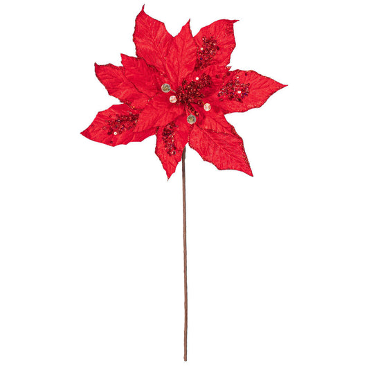 Vickerman 17"  Red Poinsettia Christmas Stem12" Flower 3 per bag