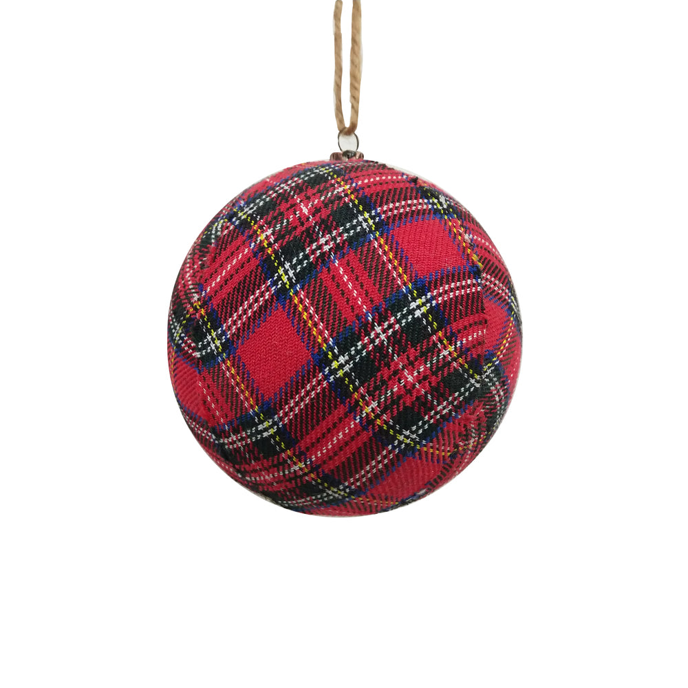 Vickerman Red and Black Plaid Cloth Assorted Christmas Ornaments 4" Ball and 7" Finial includes 4 pieces per bag.