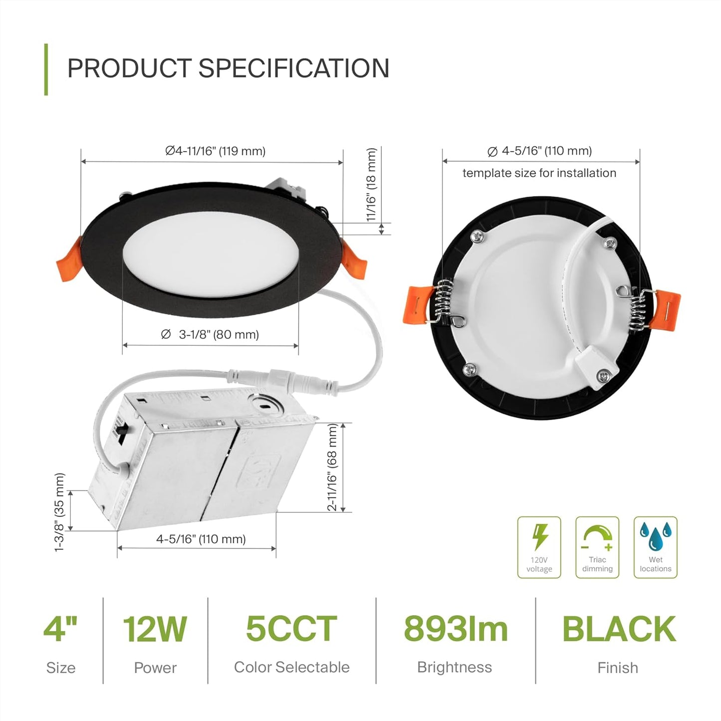 ASD Lighting LED Recessed Mini Panel Round 4inch 12W 120V Triac 2700/3000/3500/4000/5000K Black UL Energy Star 12 pack