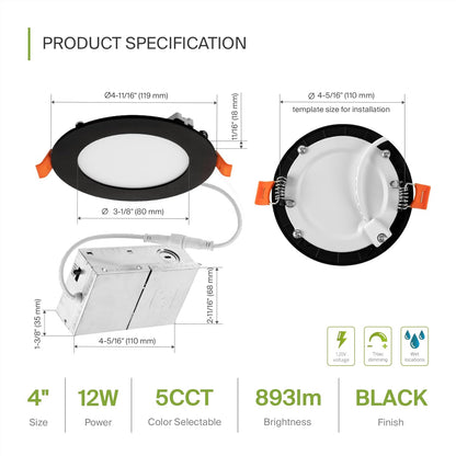 ASD Lighting LED Recessed Mini Panel Round 4inch 12W 120V Triac 2700/3000/3500/4000/5000K Black UL Energy Star 12 pack