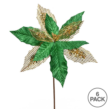 Vickerman 13" x 23" Green Poinsettia Mesh Glitter Artificial Christmas Spray. Includes 6 sprays per pack.