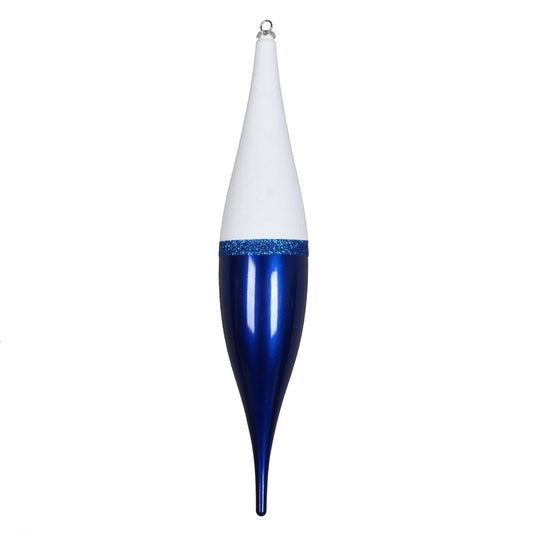 Vickerman 22" Blue Candy/White Glitter Finial. This ornament features a white glitter top a stripe of blue glitter and a candy finish bottom. Made of shatterproof plastic.