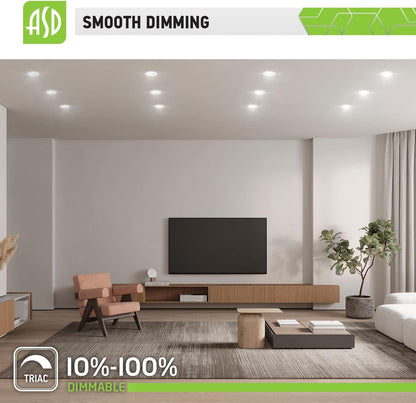 ASD Lighting LED Round Downlight Retrofit Kit 4" 8.6W 120V CCT Selectable 2700/3000/3500/4000/5000K Dimmable PC, Baffle Trim, White UL 12pack
