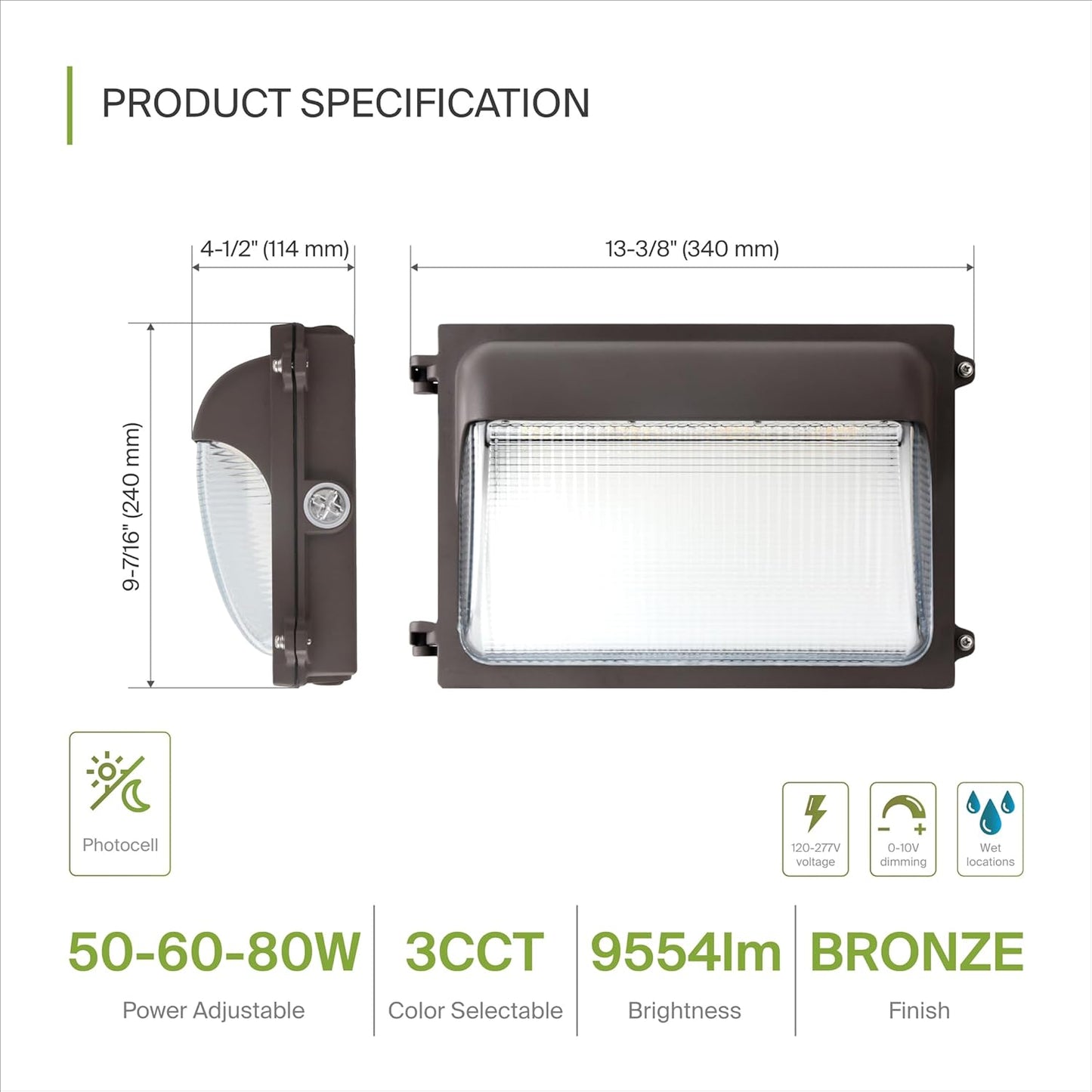 ASD Lighting LED Slim Wallpack Power Adjustable 50/60/80W 120-277V CCT Selectable 3000/4000/5000 with Photocell Dimmable Bronze UL DLC Premium