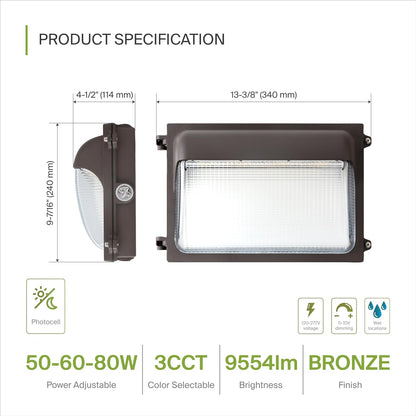 ASD Lighting LED Slim Wallpack Power Adjustable 50/60/80W 120-277V CCT Selectable 3000/4000/5000 with Photocell Dimmable Bronze UL DLC Premium