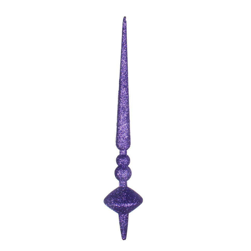 Vickerman 12" Purple Glitter Cupola Finial. This long finial ornament adds depth and texture to any holiday decorating project. Made with shatterproof plastic. Includes 3 pieces per bag.