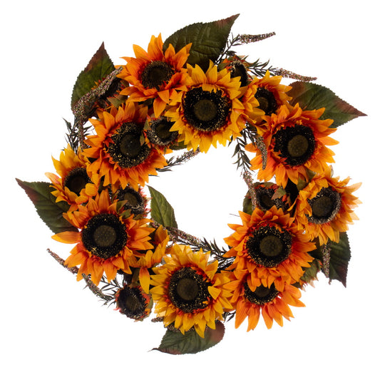 Vickerman 24" Artificial Yellow Sunflower Wreath with Green Fern Foliage.