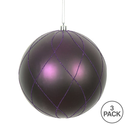 Vickerman 6" Plum Matte and Glitter Swirl Ball Ornament 3 per Box