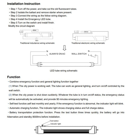Damar- 4Ft T8 LED Emergency Tube Light Bulb Emergency Mode: 680 Lumens for 90mins Single-Ended Bypass 15W 2000 Lumen 6500K Daylight G13 Base 120-277V Pack of 10- Fluorescent Replacement for Garage
