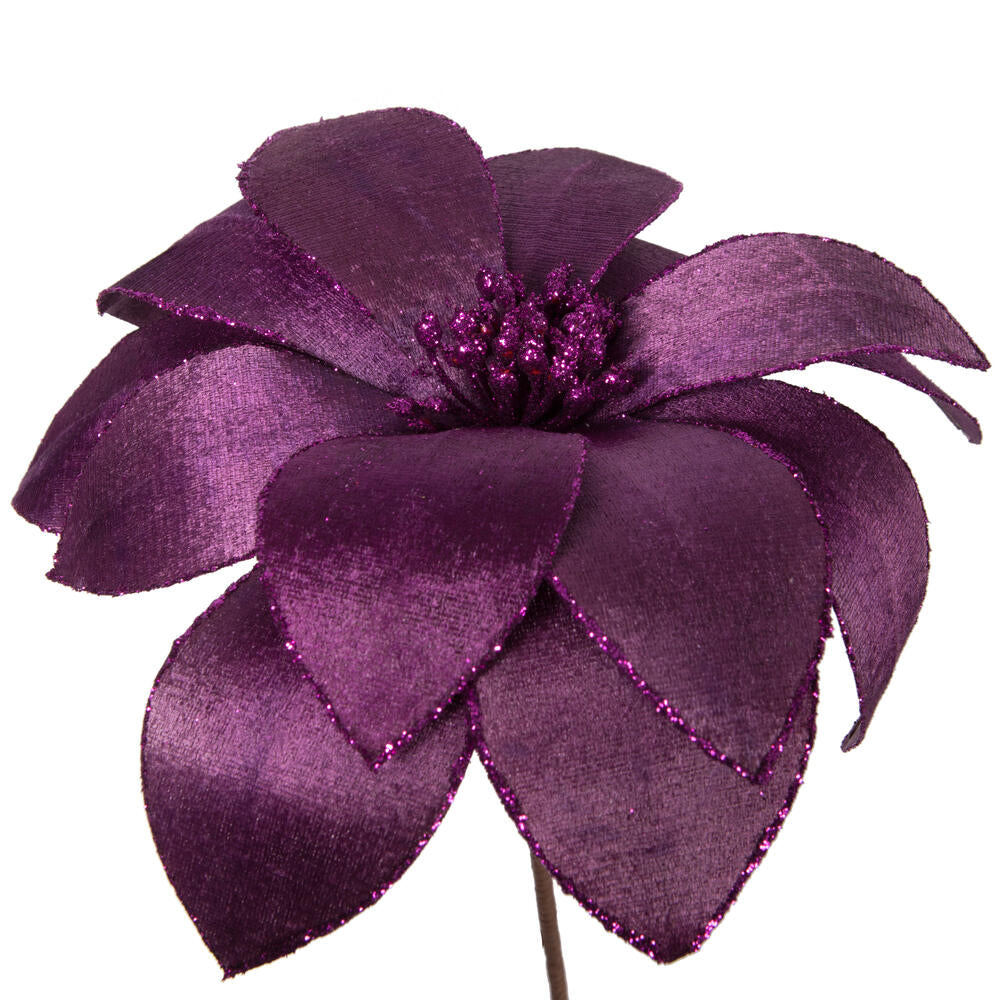 Vickerman 22" Purple Velvet Sheen Glitter Trim Poinsettia Stem 4 per bag.