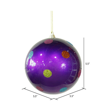 Vickerman 5.5" Purple Candy Finish Ball Christmas Ornament with Multi-Colored Polka Dots