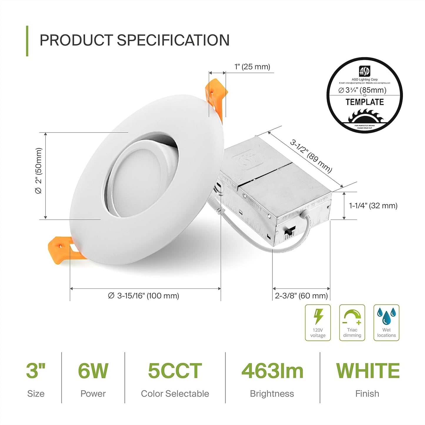 ASD Lighting LED Round Recessed Mini Panel Gimbal 3" 6W 120V Dimmable CCT Selectable 2700/3000/3500/4000/5000K White UL Energy Star 6pack
