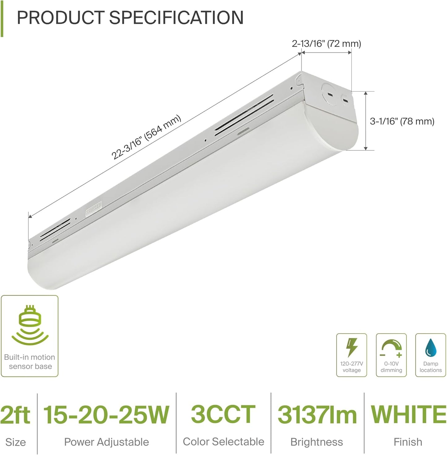 ASD Lighting LED Stairwell Fixture with Q-base 2feet Power Adjustable 15/20/25W 120-277V CCT Selectable 3500/4000/5000K Dimmable White UL DLC Premium