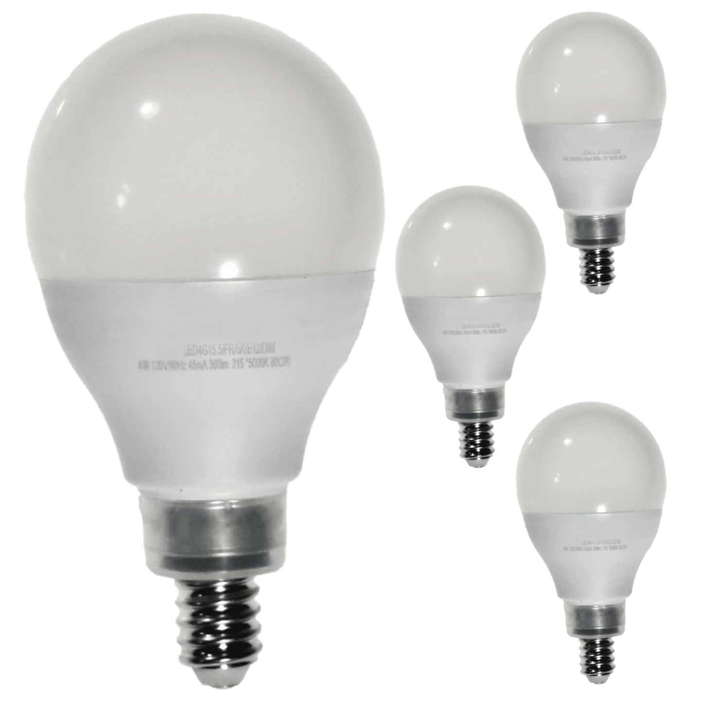 Damar- G15.5 LED Light Bulb Frosted Globe Shape Dimmable 4W 360 Lumens E12 Candelabra Base 5000K Bright White Pack of 4- Small Short Round Lamp for Chandelier Vanity Ceiling Fan Pendant