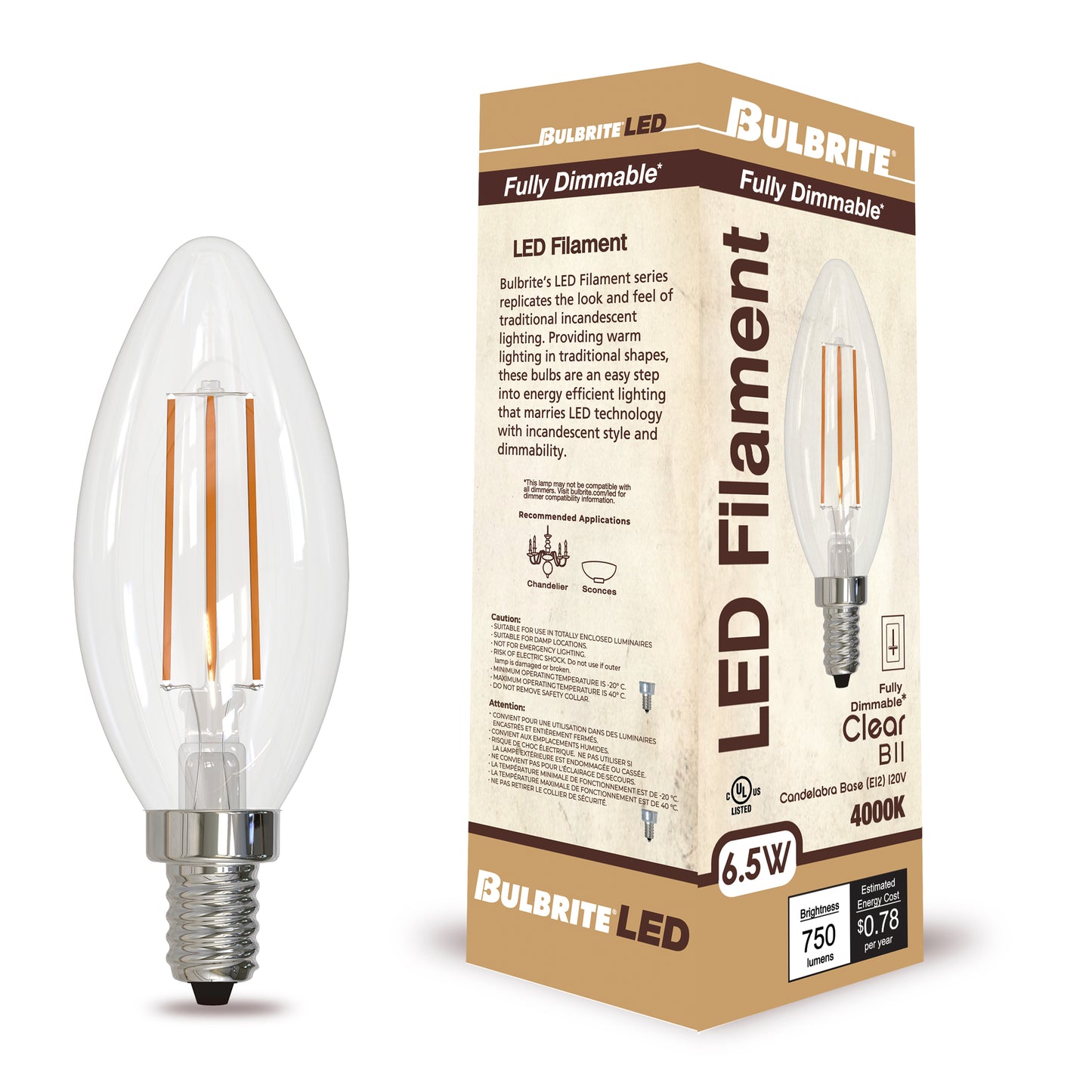 Bulbrite 6.5W LED LIGHT BULB B11 4000K FILAMENT E12 CANDELABRA BASE, CLEAR FINISH, DIMMABLE, 4PK