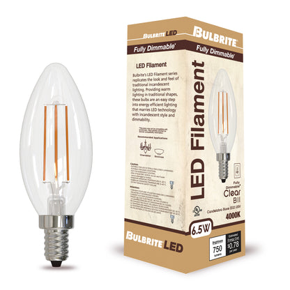 Bulbrite 6.5W LED LIGHT BULB B11 4000K FILAMENT E12 CANDELABRA BASE, CLEAR FINISH, DIMMABLE, 4PK