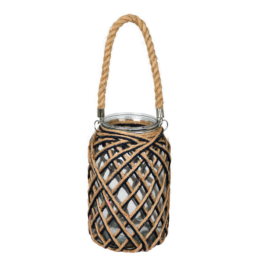 Vickerman 10.5" Glass Jar in Woven Jute Handle. This glass jar is wrapped in natural tone and black jute in a diamond pattern. It features a jute handle for easy hanging. It measures 10.5" H x 6.5" W.   70% GLASS 30% JUTE