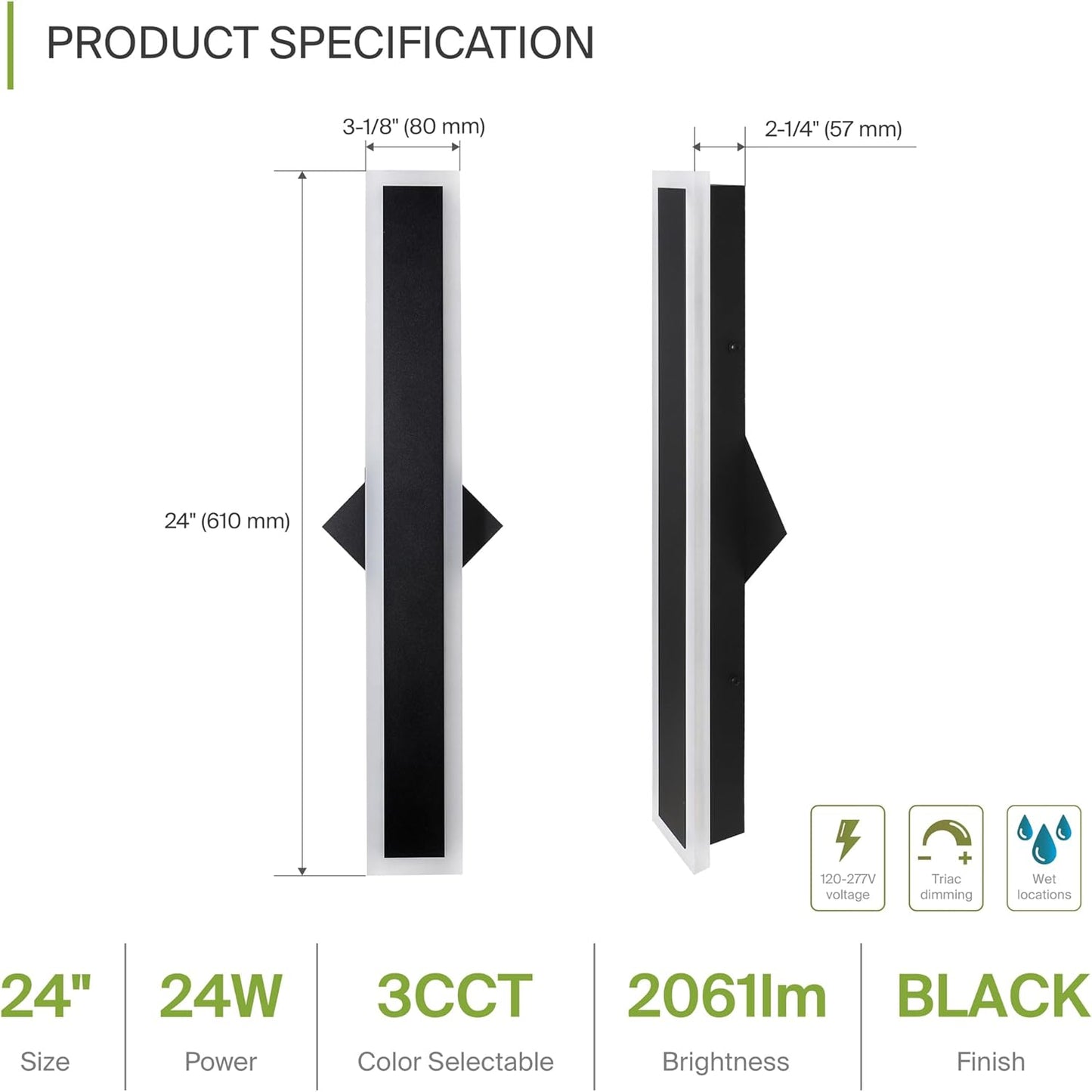 ASD Lighting LED Outdoor Wall Sconce Narrow design 24" 24W 120-277V CCT Selectable 3000/4000/5000K Dimmable Black ETL