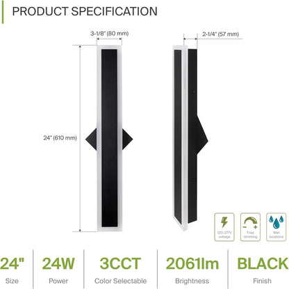 ASD Lighting LED Outdoor Wall Sconce Narrow design 24" 24W 120-277V CCT Selectable 3000/4000/5000K Dimmable Black ETL