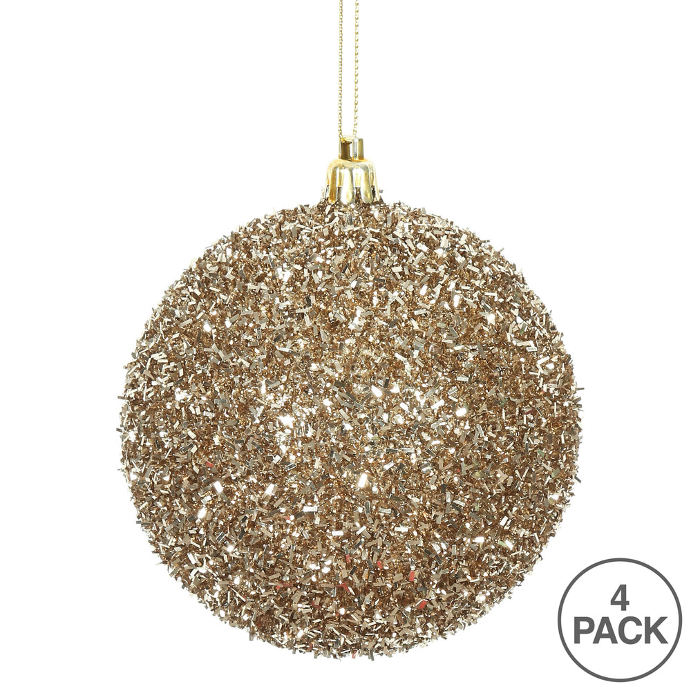 Vickerman 4" Champagne Tinsel Ball Ornament 4 per Bag