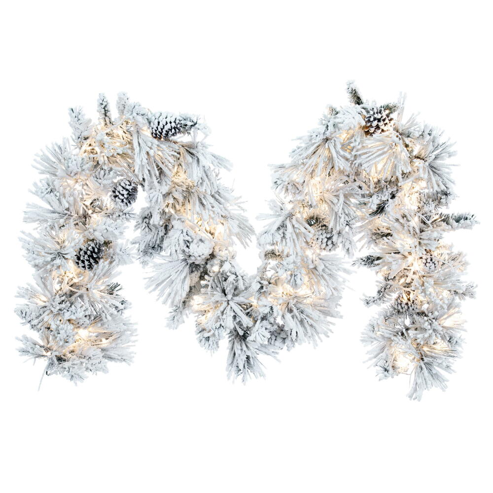 Vickerman 9' x 14" Flocked Atka Artificial Christmas Garland Warm White LED lights.