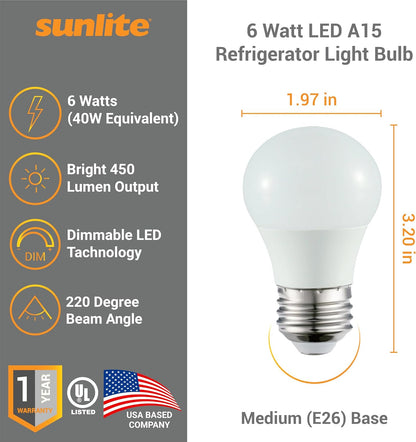 Sunlite 41566-SU LED A15 Refrigerator Light Bulb, 5.5 Watts (40W Equivalent), 450 Lumens, Medium Base (E26), Dimmable, Frosted Finish, UL Listed, Energy Star, 50K -Super White, 6 Pack