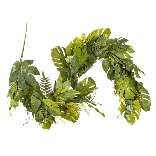Vickerman 6'Artificial Green Mixed Jungle Foliage Garland. Combination of leaves.