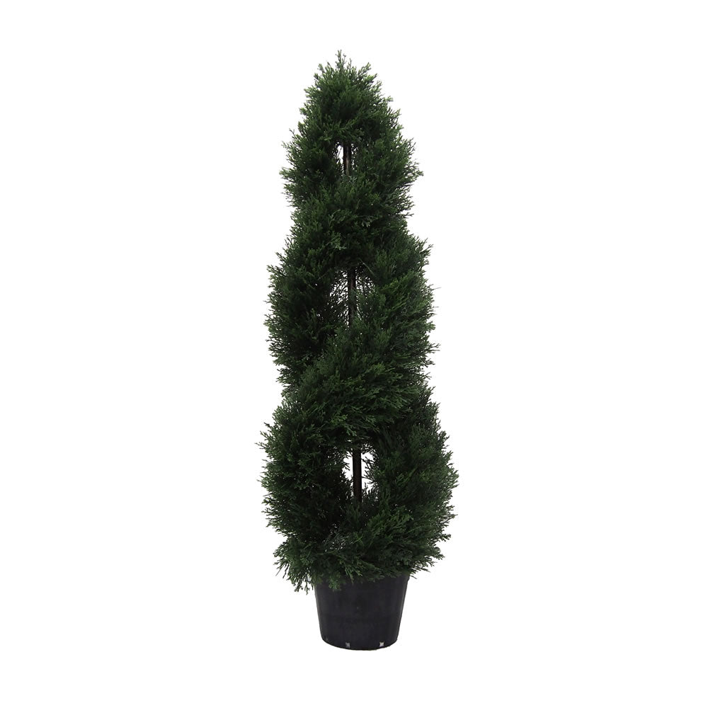 Vickerman 4' Artificial Green Cedar Double Spiral Topiary Black Plastic Pot.