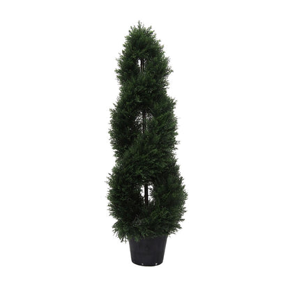 Vickerman 4' Artificial Green Cedar Double Spiral Topiary Black Plastic Pot.
